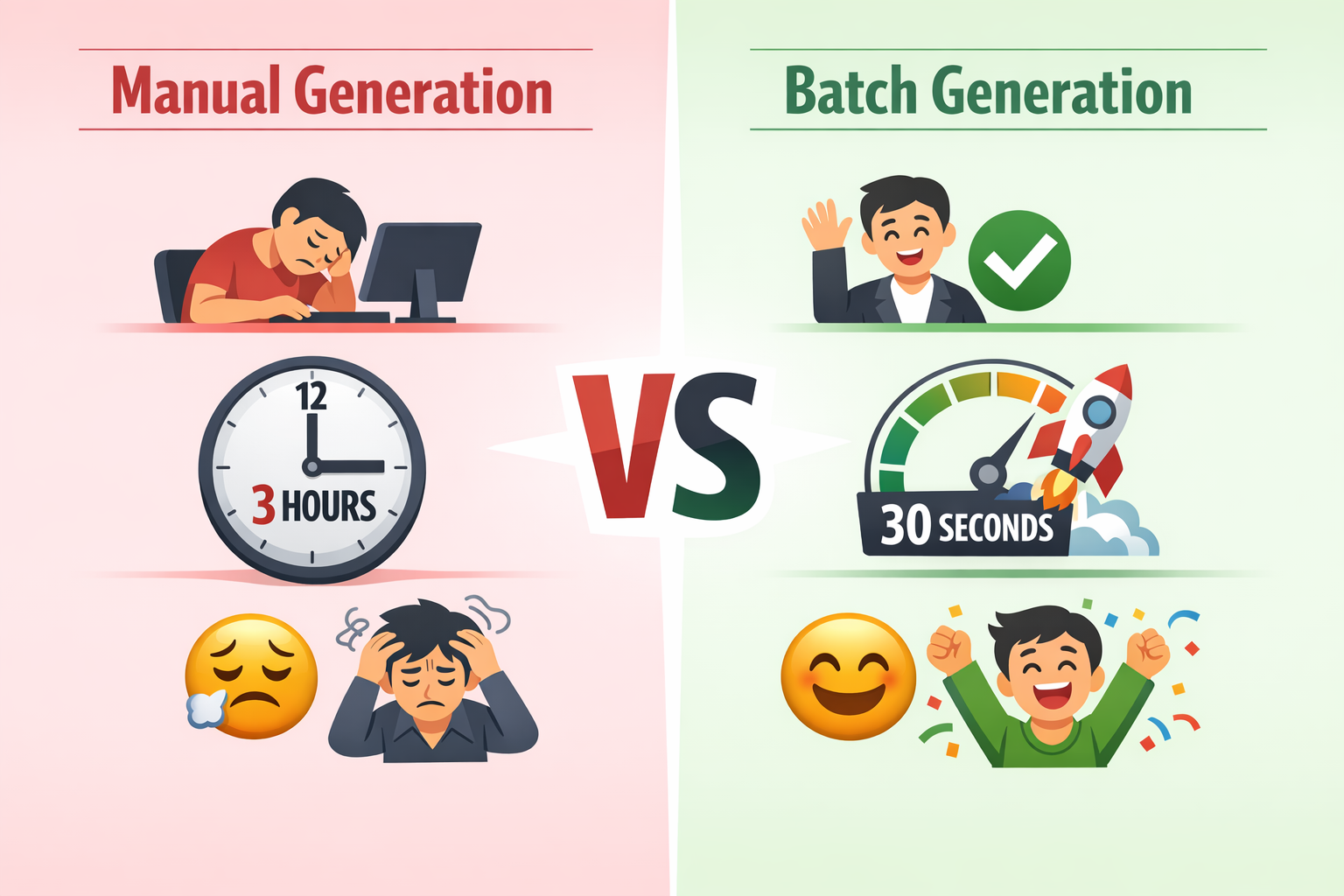 Time comparison: manual vs batch QR code generation