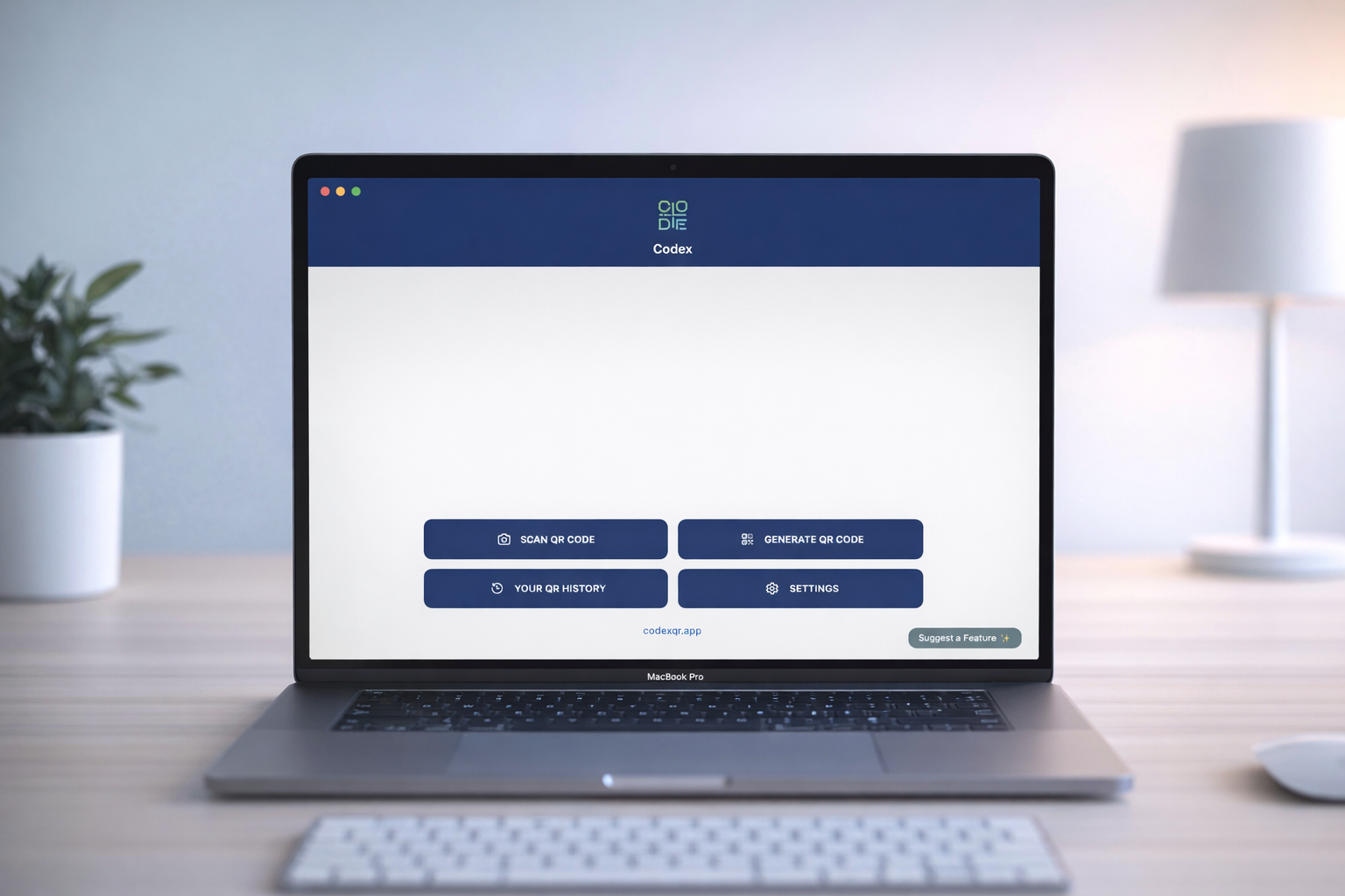 Codex QR macOS home screen with Scan QR, Generate QR, History and Settings options