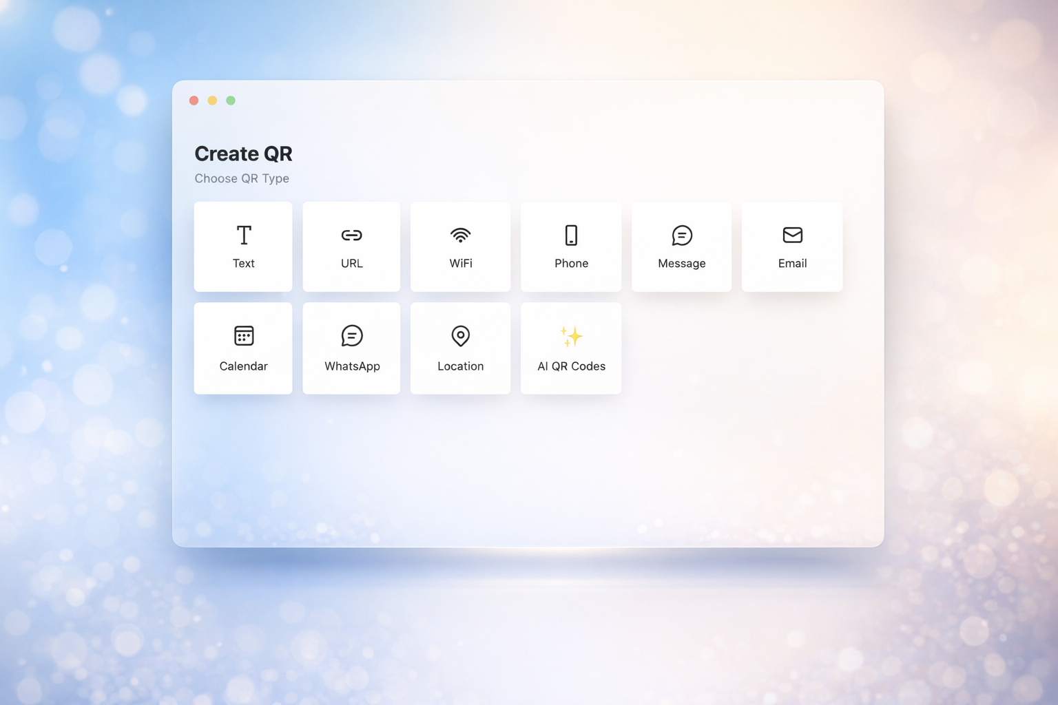 Codex QR macOS supports 10+ QR code types including URL, WiFi, vCard, Email, Phone, SMS, Calendar, WhatsApp, and Location