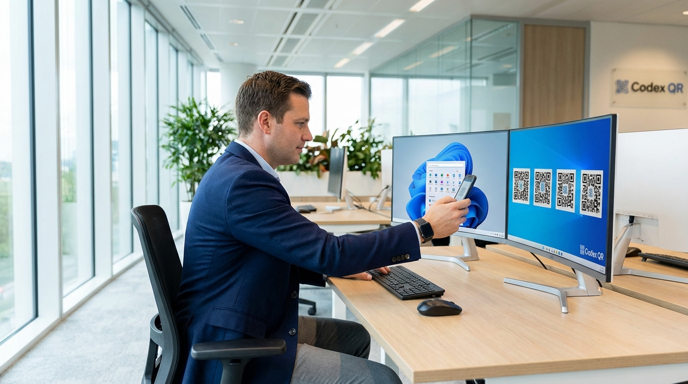 Professional Windows user scanning QR codes at desk with multiple monitors